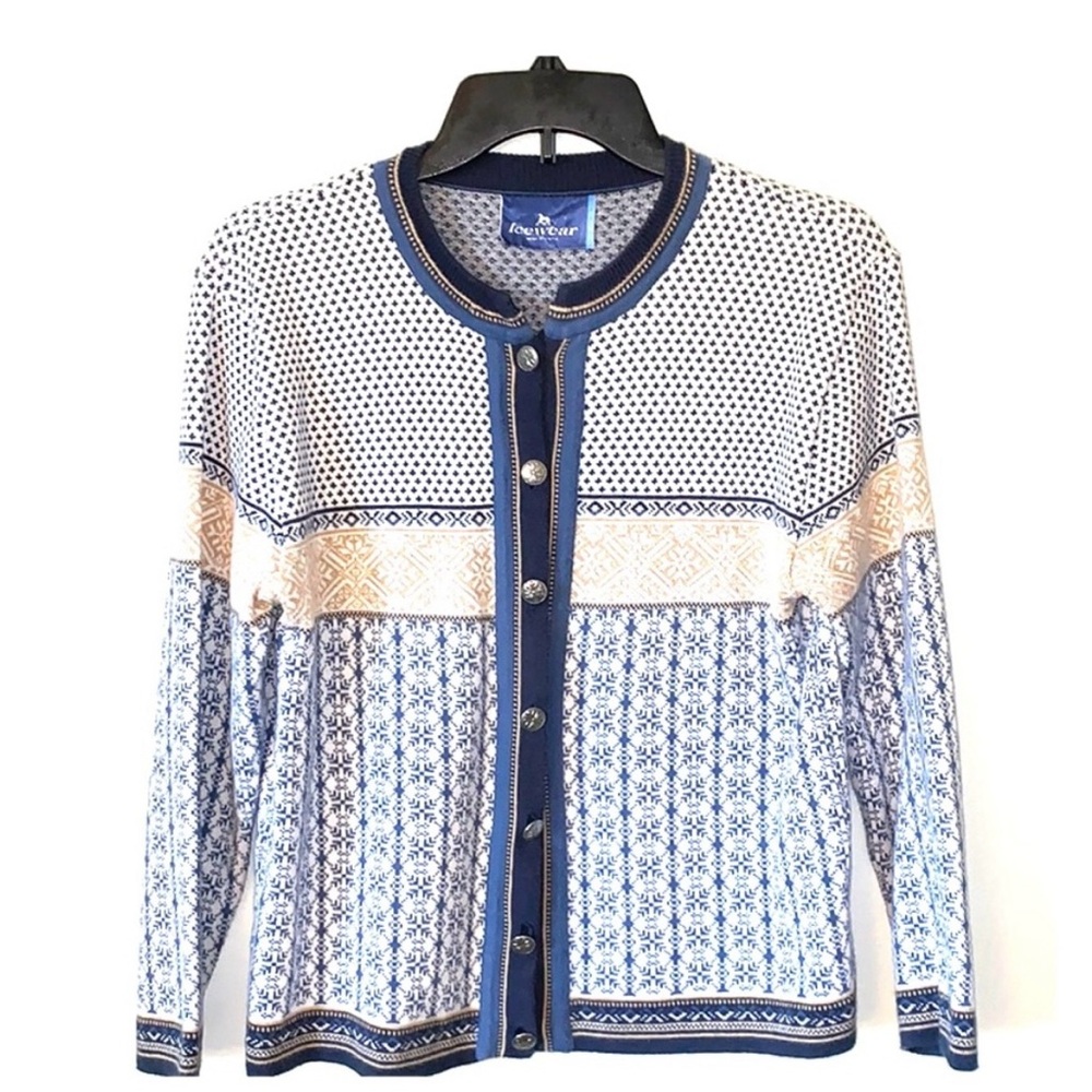 Fair isle silver buttoned cardigan tones of beige and blue size M (about size 4)